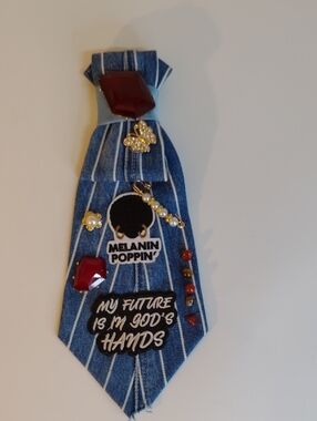 Denim Pin Tie with 'Melanin Poppin' & Faith Patch